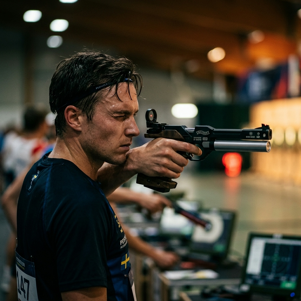 Modern Pentathlon sports shooting range athlete aiming laser pistol