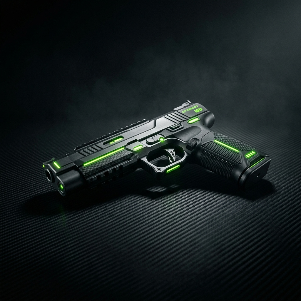 OptiGun laser training pistol with glowing green lines